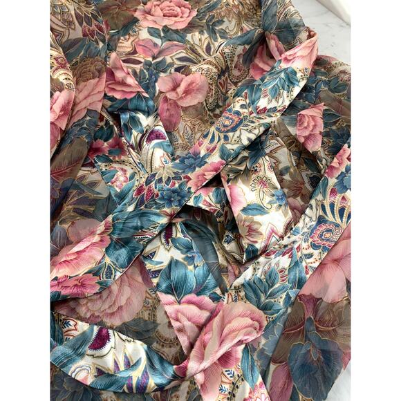 VICTORIA'S SECRET Kimono OS Blue Pink Floral Satin Belt Vintage Gold Label EUC - Picture 7 of 7